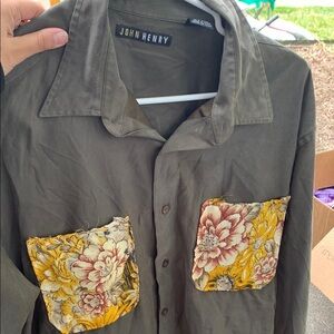 John Henry Olive Green Floral Pocket Shirt